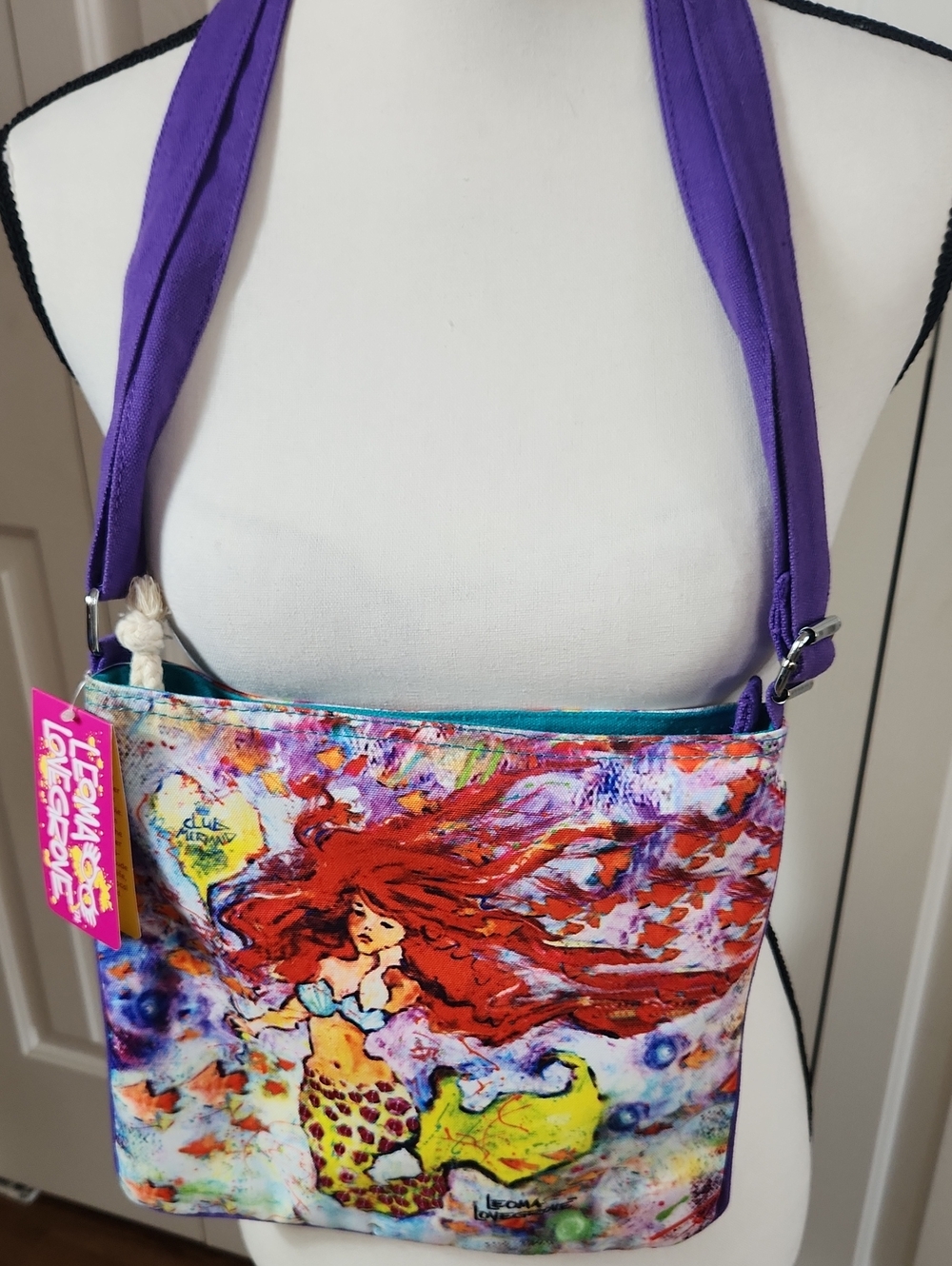 Leoma Lovegrove, Whimsical Mermaid Print Crossbody Bag with Purple Strap